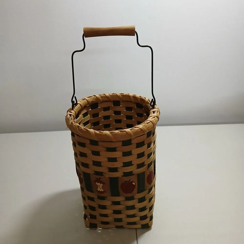 Set of 3 Hand Woven Rattan Wicker Apple Themed Baskets with Wood & Metal Handles